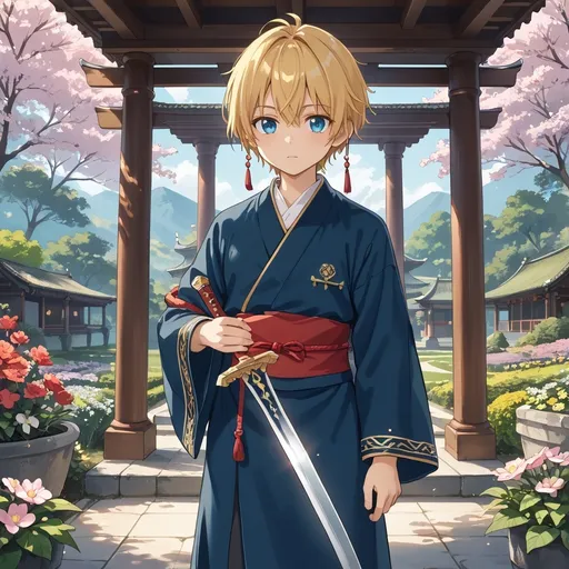 Prompt: An Indonesian Islamic student, embodying the essence of a sword master, stands confidently in a traditional setting. He has striking blue and gold hair that flows elegantly, contrasting with his modest yet stylish attire. In one hand, he holds a beautifully crafted sword, showcasing intricate designs that reflect his mastery. The background features elements of Islamic architecture, such as arches and intricate tile work, set against a serene garden with blooming flowers and soft sunlight filtering through the leaves. His expression is one of focus and determination, embodying the spirit of a devoted student and a skilled warrior.