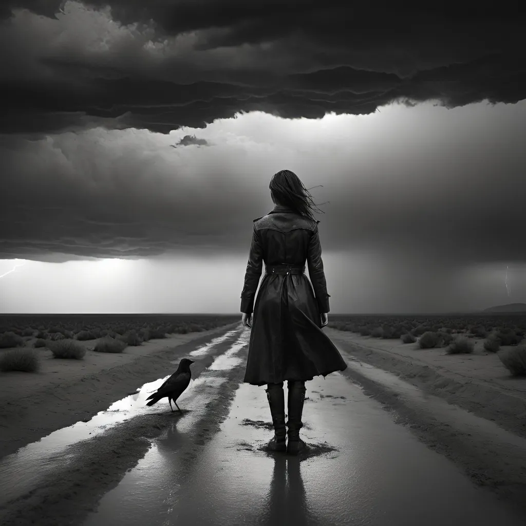 Prompt: sony a7s3, sigma dg dn 35mm f/1.4, cinematic style, a women on A lone wet desert stretches endlessly, surrounded by crows and the clouds looming on the horizon. Lightning and rain in the background. Captured in timeless black and white aesthetics, melancholy and mystery, dark atmosphere, intricate detail, cd cover art, ultra realistic, gothic