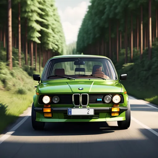 Prompt: una imagen fotorrealista cinematografica de un bmw 320 del 1980 , sobre la ruta  con el paisaje del bosque ,auto del color verde manzana brilloso de una perspectiva horizonatal   con un una llantas bbs color cromado