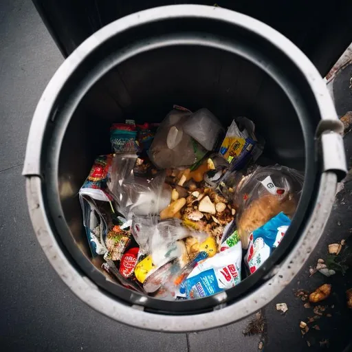 Prompt: Looking down into round trash can on the street with discarded food inside