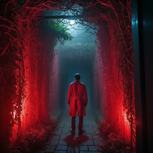 Prompt: A creepy maze at night with thick fog coming out of the maze entrance that shines in red light. A male figure stands before it, but their face cannot be seen.  The walls are covered in vines