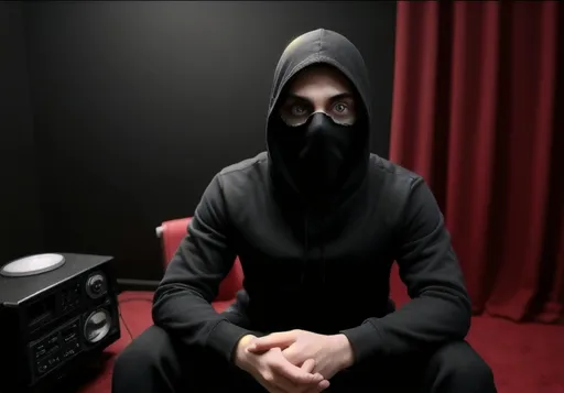 Prompt: a super realistic podcast style story telling atmosphere , a young man with a black suit and a red tie with a hoodie covering his head and a mask covering his face with dark shade sunglasses , sitting infront of his setup in his spooky room , the resolutions are as a story telling yotube channel with wide angle showing the character and the gaming setup he is looking at , make me 4 different  poses for the same character so I can use in different scenes in the Youtube video which the character is explaining in front of the camera 