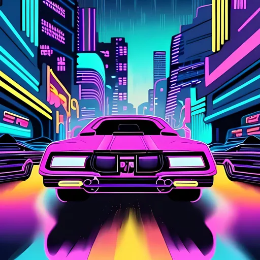Prompt: Synthwave style illustration of a cat evading a retro car, vibrant neon colors, futuristic cityscape, detailed fur with vibrant reflections, intense and alarmed expression, high-tech cyberpunk collar, best quality, highres, ultra-detailed, synthwave, retro-futuristic, neon colors, detailed fur, futuristic cityscape, alarmed expression, cyberpunk collar, intense lighting