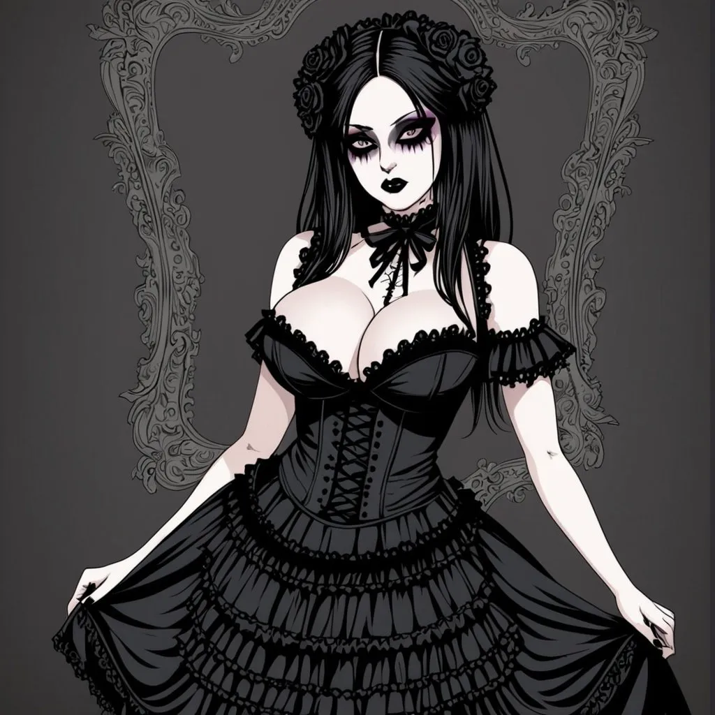 Prompt: Heavy chested skimpy skirt Victorian woman with cleavage goth makeup