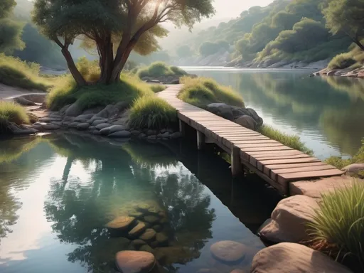 Prompt: (serene landscape), gentle sunlight, soft pastel colors, tranquil waters, lush greenery, soothing atmosphere, harmonious elements, a feeling of calm, gentle breeze, serene horizon, inviting pathway, reflections in water, HD, ultra-detailed, dreamlike scene, nature’s serenity, peaceful haven.