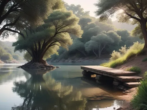 Prompt: (serene landscape), gentle sunlight, soft pastel colors, tranquil waters, lush greenery, soothing atmosphere, harmonious elements, a feeling of calm, gentle breeze, serene horizon, inviting pathway, reflections in water, HD, ultra-detailed, dreamlike scene, nature’s serenity, peaceful haven.