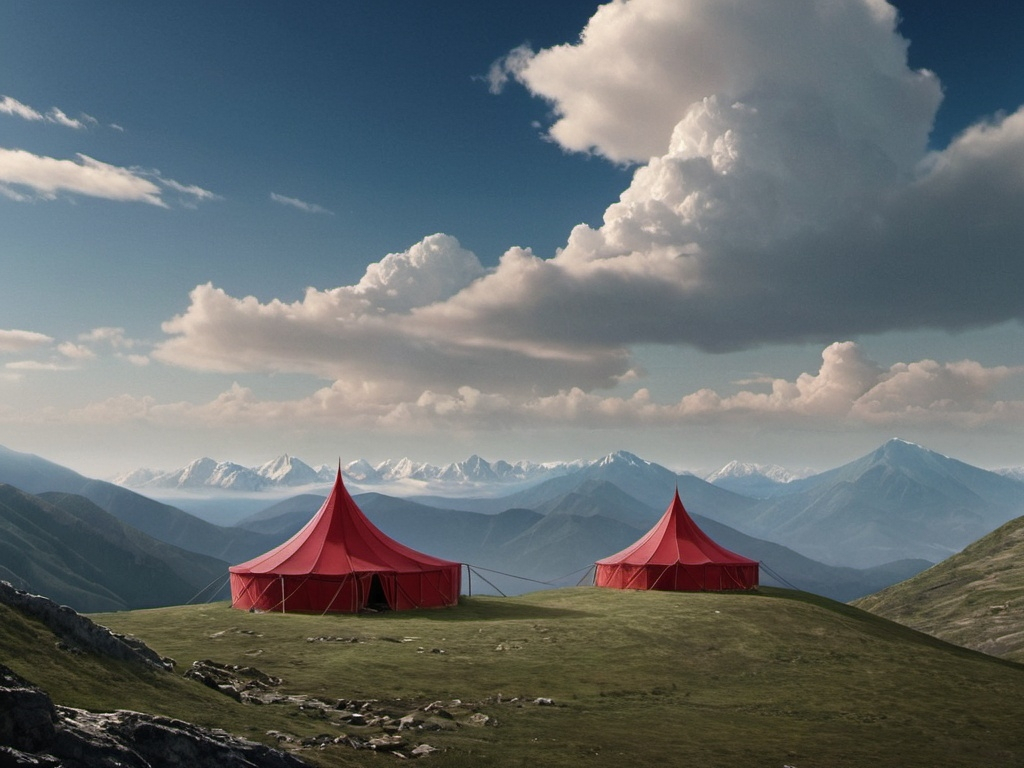 Prompt: a red tent is on a mountain top with mountains in the background and clouds in the sky above it, Don Arday, samikshavad, zenith view, a matte painting