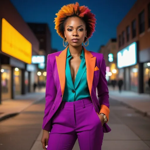 Prompt: Realistic photo of a black woman in a colorful tailored suit, urban street, hands in pockets, vibrant colors, high quality, professional photography, urban chic, detailed facial features, tailored suit, street scene, confident pose, colorful, city lights in background, modern fashion, cityscape, realistic lighting