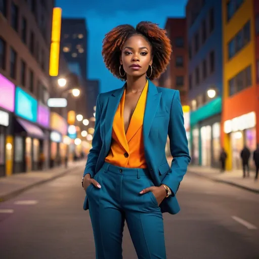 Prompt: Realistic photo of a black woman in a colorful tailored suit, urban street, hands in pockets, vibrant colors, high quality, professional photography, urban chic, detailed facial features, tailored suit, street scene, confident pose, colorful, city lights in background, modern fashion, cityscape, realistic lighting