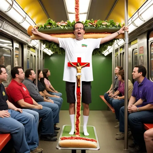 Prompt: Jared Fogle from Subway being crucified on a subway footlong