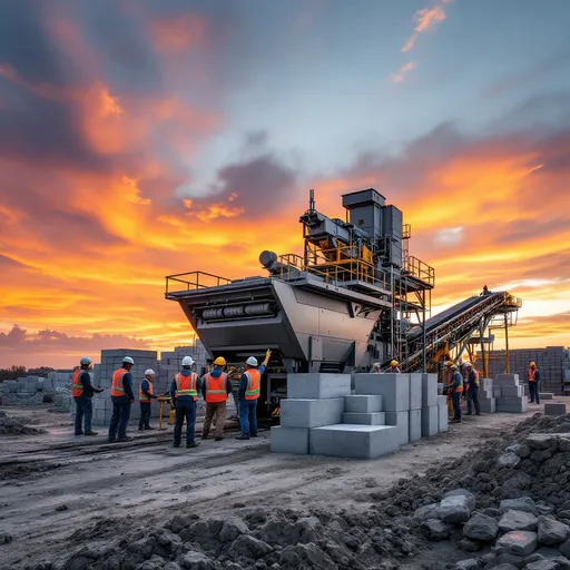 Prompt: **"A highly advanced concrete block-making machine operates at full capacity on a large construction site, surrounded by a team of ten dedicated workers. The sky above is breathtaking, painted with hues of deep orange, pink, and purple as the sun rises or sets, casting a golden glow over the entire scene. Wispy clouds stretch across the horizon, reflecting the warm colors of the sky, while a gentle breeze stirs up light dust from the ground.

The machine itself is a massive, industrial-grade marvel with a sleek metallic body, conveyor belts, and robotic arms efficiently producing perfectly molded concrete blocks. Freshly mixed concrete is poured into molds, where the hydraulic press compacts it into strong, uniform blocks. The conveyor moves the finished blocks to an organized stacking area, where the workers carefully arrange them.

The ten workers, dressed in high-visibility vests, hard hats, and protective gloves, are fully engaged in their tasks. Some are shoveling cement and gravel into the machine’s hopper, while others ensure the concrete mix is smooth and consistent. A few workers are seen inspecting the freshly produced blocks, checking for quality and strength. Their faces show focus and determination, illuminated by the soft light of the sky.

The ground is a mix of concrete dust, gravel, and patches of wet cement, with footprints and wheel tracks showing the constant activity. In the background, large stacks of completed blocks are neatly arranged, ready for transportation. A partially built structure stands tall in the distance, symbolizing the progress made by this hardworking team. Other construction vehicles, such as a cement mixer truck and a forklift, can be seen nearby, adding to the bustling atmosphere.