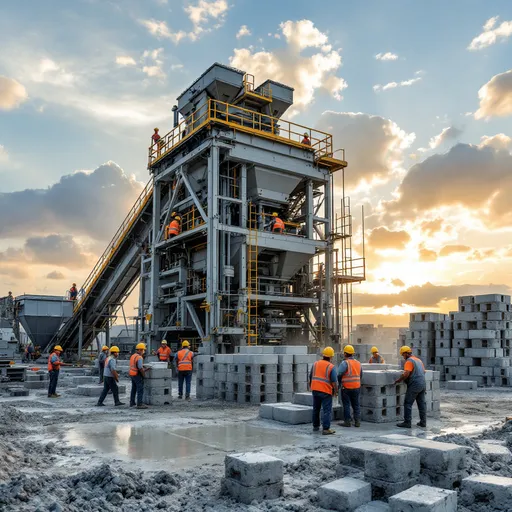 Prompt: *"A powerful and modern concrete block-making machine operating at a busy construction site under the most breathtaking sky, painted with soft clouds and golden hues of sunrise or sunset. The massive, high-tech machine is actively producing perfectly shaped concrete blocks, with visible mechanical parts and a conveyor system transporting the freshly made blocks.

Ten hardworking laborers, dressed in safety helmets, gloves, and reflective vests, are engaged in various tasks—some mixing and pouring concrete, others loading raw materials, and a few carefully stacking the finished blocks. Their expressions show determination and teamwork as they work together to create durable building materials. The ground is covered with fine dust and wet concrete, reflecting the industry and dedication of the workers.

In the background, stacks of neatly arranged concrete blocks are visible, alongside construction equipment and a partially built structure. The atmosphere is lively, with sunlight casting long shadows and a gentle breeze carrying the sounds of machinery and human effort. The entire scene highlights the perfect balance between modern technology and human craftsmanship, set against a stunning and colorful sky."**