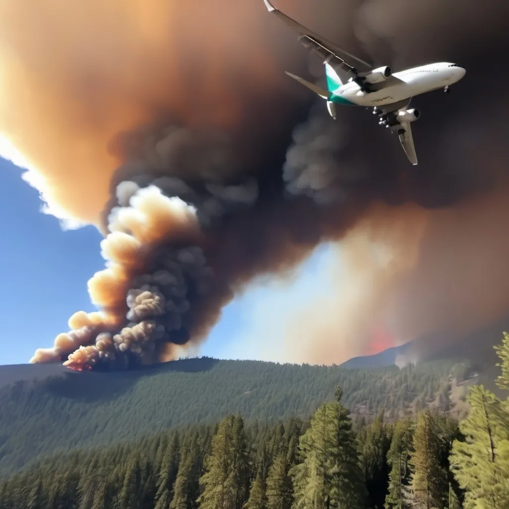 Prompt: a big forest fire going to the mountains while planes try to put the fire out