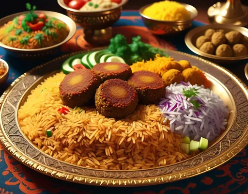 Prompt: (ultra-detailed) plate of Saudi Rice "Kabsa", vibrant colors, steam rising from the rice, golden-brown falafel on top, served with a side of fresh vegetables, intricate spice details, traditional artwork patterns in the background, inviting and appetizing atmosphere, beautifully garnished, high quality, 4K resolution.