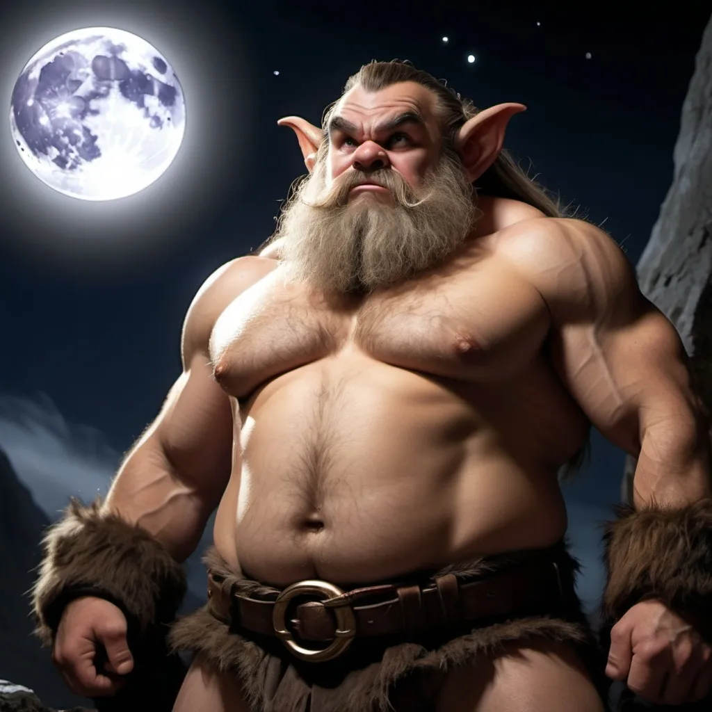 Prompt: completely unclothed dwarf with pointy ears :  full moon night : dwarf's face shows rage : extremely hairy body : full body in image : wide angle lens : arms bare : midriff bare