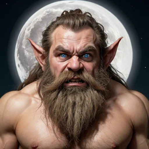 Prompt: completely unclothed dwarf with pointy ears :  full moon night : dwarf's face shows rage : extremely hairy body