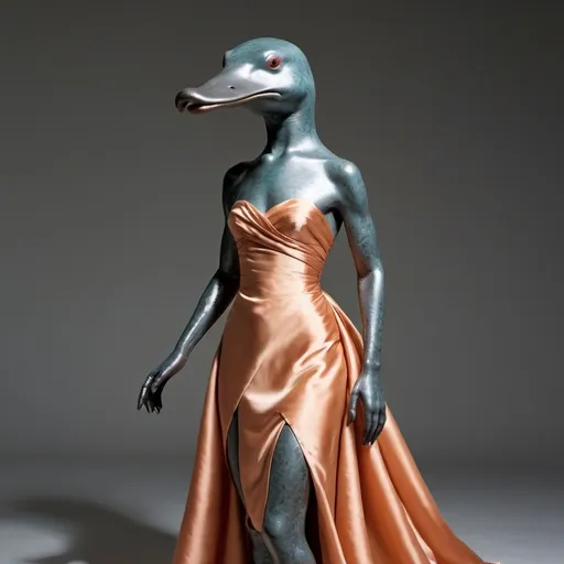 Prompt: humanoid with facial features of a platypus : wearing a silk gown : feminine : zoom out : full body in picture