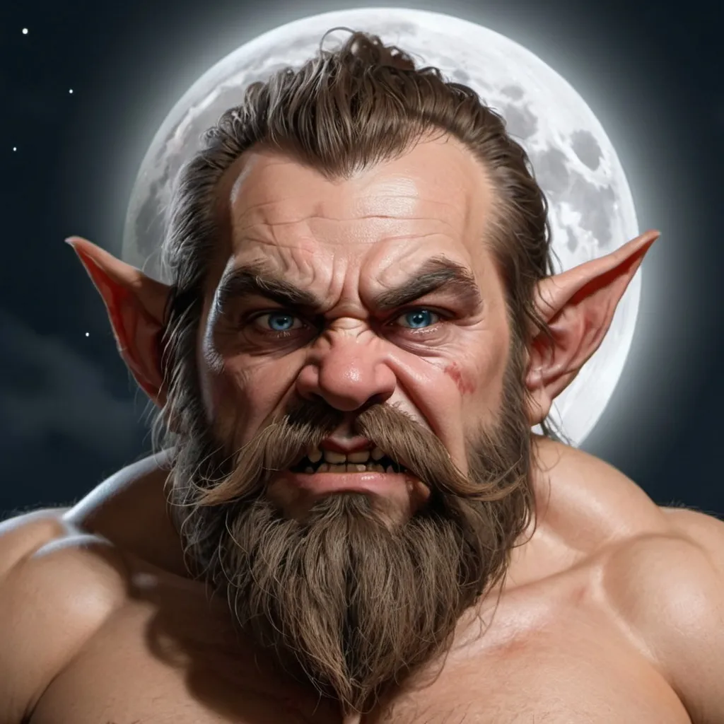 Prompt: completely unclothed dwarf with pointy ears :  full moon night : dwarf's face shows rage