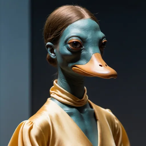 Prompt: humanoid with facial features of a platypus : wearing a silk gown : feminine  