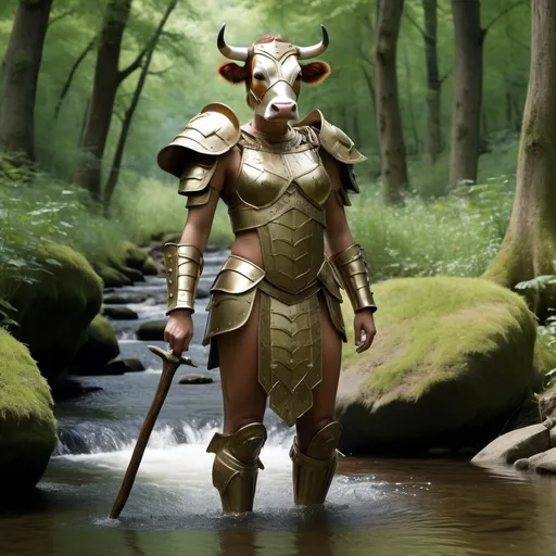 Prompt: humanoid with facial features of a cow : wearing wooden armor : feminine : zoom out : full body in picture : woodland stream in background