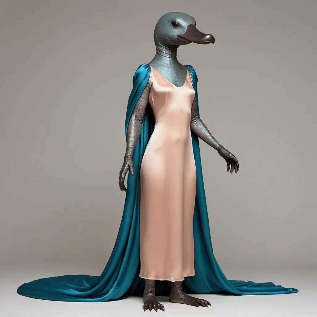 Prompt: humanoid with facial features of a platypus : wearing a silk gown : feminine : zoom out : full body in picture