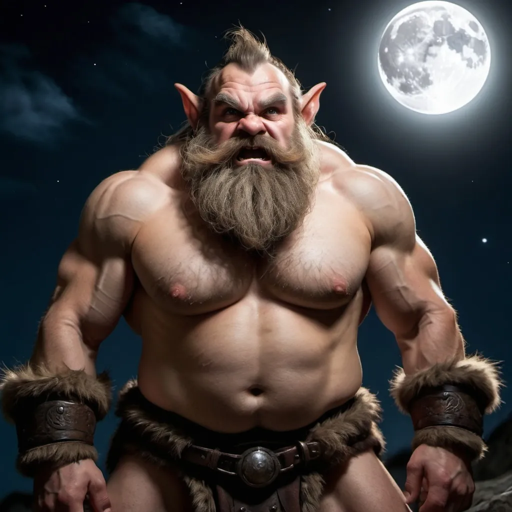 Prompt: completely unclothed dwarf with pointy ears :  full moon night : dwarf's face shows rage : extremely hairy body : full body in image : wide angle lens