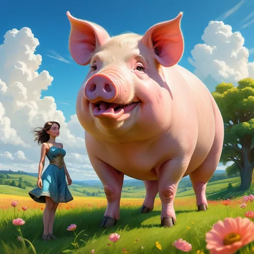 Prompt: humanoid with facial features of a pig : feminine : zoom out : full body in picture : grassy field in background