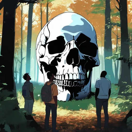 Prompt: An anime black guy, a white guy inspect a six foot tall human skull in the woods (ambient light through the trees) another black guy plays with a butterfly in the background