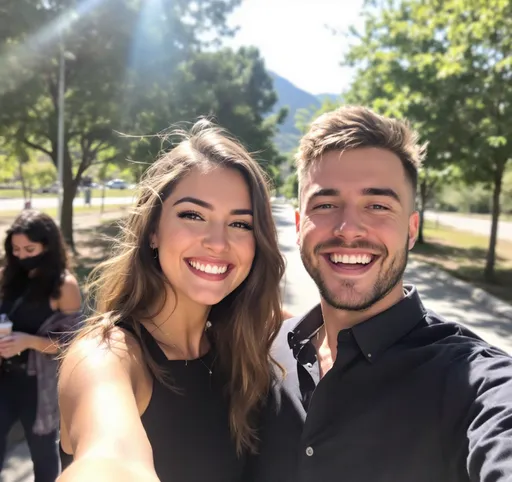 Prompt: Bathed in bright sunlight, two young individuals pose for a selfie amid a scenic outdoor setting lined with trees and open space. The person on the left wears a black dress and beams with a joyful smile, while their companion on the right, dressed in a dark shirt, flashes a confident grin. The background features hints of greenery, suggesting a pleasant day, and the overall composition captures a moment of friendship and happiness, enhanced by the clarity and warmth of the natural light. The image conveys a sense of youthful exuberance and connection, inviting viewers to share in their joyful experience.