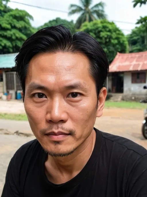 Prompt: a man with a black shirt and a black shirt on is looking at the camera with a house in the background, Andrew Law, sumatraism, phuoc quan, a character portrait