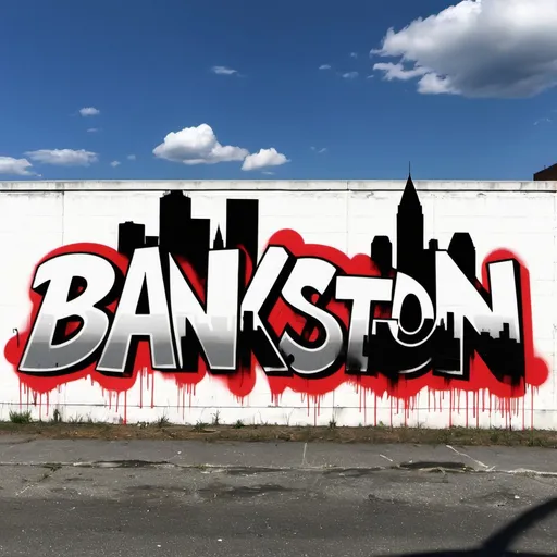 Prompt: graffiti Albany,Ny skyline, with spray paint in red, black, grey, white outline around the name BANKSTON