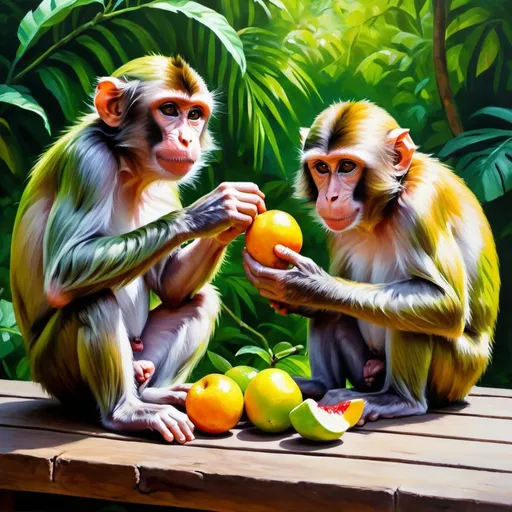 Prompt: Two monkeys eating fruits at a wooden table, realistic oil painting, lush green foliage in the background, vibrant and lively atmosphere, high quality, realistic, detailed fur, natural lighting, colorful, vibrant, tropical