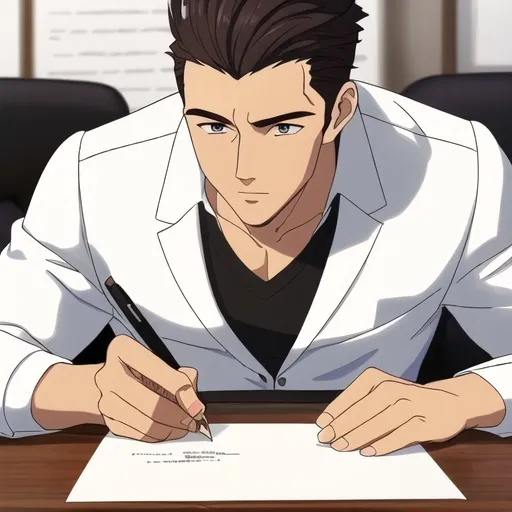 Prompt: A handsome dude writing in a white paper