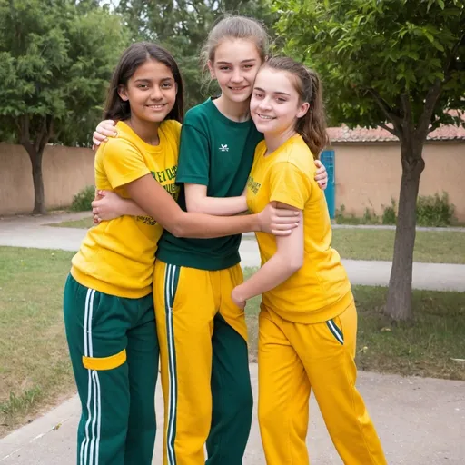 Prompt: two 16 year old girls are helping up a 16 year old boy. They are lifting him up, with their shoulders and his arms are around their shoulders. The boy is 6 feet tall. The girl on the right is 5 feet 10 inches, and the girl on the right is 5 feet 5 inches. They are all wearing a yellow t-shirt, green school tracksuit trousers and sneakers. 