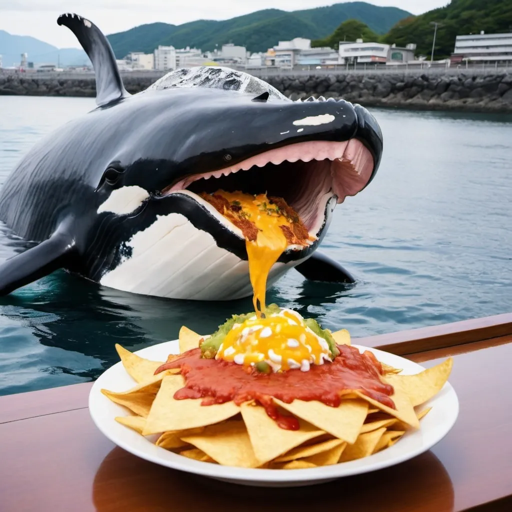 Prompt: a whale eating nachos in japan