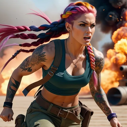 Prompt: Futuristic, perfect composition, female {30 year old}, lean and muscular, {Heavily Tattooed torso and arms}, long coloured braided hair, {wearing coloured sleeveless shirt under ammunition bandolier and dark cargo pants}, Feminine, peak fitness, angry expression, {swinging Axe above head}, explosions, 8k eyes,  detailed face, running wlop, stanley artgerm lau, artstation, hd, octane render, hyperrealism intricate details, 8k, cinematic volumetric light, proportional, art trending on artstation, sharp focus, studio photo, intricate details, highly detailed, intricate artwork masterpiece, ominous, intricate, epic, trending on artstation, highly detailed, vibrant, production cinematic character render, ultra high quality model


