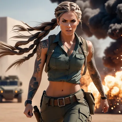 Prompt: Futuristic, perfect composition, female {30 year old}, lean and muscular, {Heavily Tattooed torso and arms}, long braided hair, {wearing military shirt under ammunition bandolier and dark cargo pants}, Feminine, peak fitness, angry expression, {swinging great-axe
}, explosions, 8k eyes,  detailed face, running wlop, stanley artgerm lau, artstation, hd, octane render, hyperrealism intricate details, 8k, cinematic volumetric light, proportional, art trending on artstation, sharp focus, studio photo, intricate details, highly detailed, intricate artwork masterpiece, ominous, intricate, epic, trending on artstation, highly detailed, vibrant, production cinematic character render, ultra high quality model


