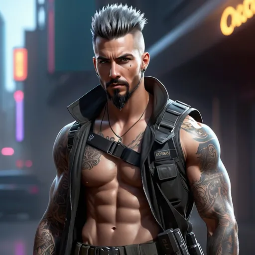 Prompt: Cyberpunk, perfect composition, goatee {30 year old}, lean and muscular, { Heavily Tattooed}, { Shiny Steel skin}, Short dark mohawk hair, {wearing half-zipped Cyberpunk long coat, tank-top and baggy cargo pants}, tool belt, extra masculine, peak fitness, determined expression, holding Assault Rifle, explosions, 8k eyes,  detailed face, wlop, stanley artgerm lau, artstation, hd, octane render, hyperrealism intricate details, 8k, cinematic volumetric light, proportional, art trending on artstation, sharp focus, studio photo, intricate details, highly detailed, intricate artwork masterpiece, ominous, intricate, epic, trending on artstation, highly detailed, vibrant, production cinematic character render, ultra high quality model


