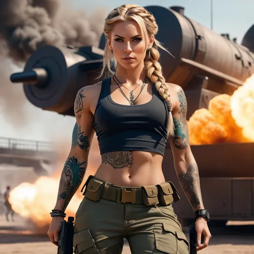 Prompt: Futuristic, perfect composition, female {30 year old}, lean and muscular, {Heavily Tattooed body}, long blonde braided hair, {wearing Multi-coloured tank-top under ammunition bandolier and dark cargo pants}, Feminine, peak fitness, determined expression, {shooting one large machine gun}, explosions, 8k eyes,  detailed face, running wlop, stanley artgerm lau, artstation, hd, octane render, hyperrealism intricate details, 8k, cinematic volumetric light, proportional, art trending on artstation, sharp focus, studio photo, intricate details, highly detailed, intricate artwork masterpiece, ominous, intricate, epic, trending on artstation, highly detailed, vibrant, production cinematic character render, ultra high quality model



