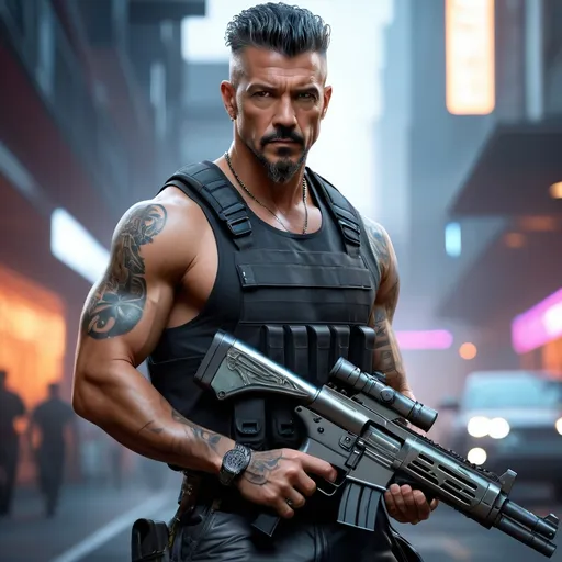 Prompt: perfect composition, goatee {30 year old}, lean and muscular { gigachad Antonio Banderas}, {Tattooed}, { Shiny Steel skin}, Short mohawk hair, {wearing Cyberpunk shirt and baggy cargo pants}, extra masculine, peak fitness, determined expression, holding cyberpunk Submachinegun, 8k eyes,  detailed face, wlop, stanley artgerm lau, artstation, hd, octane render, hyperrealism intricate details, 8k, cinematic volumetric light, proportional, art trending on artstation, sharp focus, studio photo, intricate details, highly detailed, intricate artwork masterpiece, ominous, intricate, epic, trending on artstation, highly detailed, vibrant, production cinematic character render, ultra high quality model


