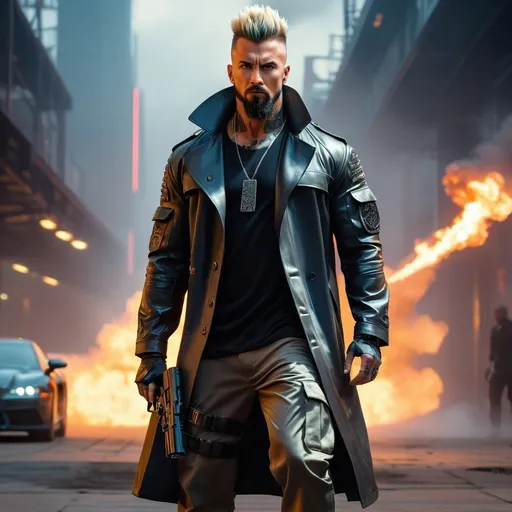 Prompt: Cyberpunk, perfect composition, goatee {30 year old}, lean and muscular, { Heavily Tattooed}, { Shiny Steel skin}, Short mohawk hair, {wearing Cyberpunk long coat, shirt and baggy cargo pants}, extra masculine, peak fitness, determined expression, holding cyberpunk Submachinegun, explosions, 8k eyes,  detailed face, wlop, stanley artgerm lau, artstation, hd, octane render, hyperrealism intricate details, 8k, cinematic volumetric light, proportional, art trending on artstation, sharp focus, studio photo, intricate details, highly detailed, intricate artwork masterpiece, ominous, intricate, epic, trending on artstation, highly detailed, vibrant, production cinematic character render, ultra high quality model


