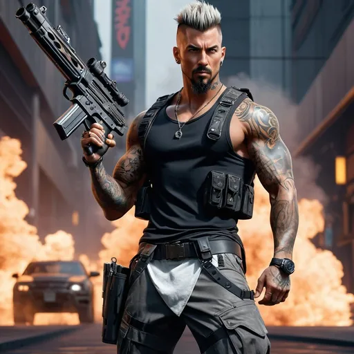 Prompt: perfect composition, goatee {30 year old}, lean and muscular, { Heavily Tattooed}, { Shiny Steel skin}, Short mohawk hair, {wearing Cyberpunk shirt and baggy cargo pants}, extra masculine, peak fitness, determined expression, holding cyberpunk Submachinegun, explosions, 8k eyes,  detailed face, wlop, stanley artgerm lau, artstation, hd, octane render, hyperrealism intricate details, 8k, cinematic volumetric light, proportional, art trending on artstation, sharp focus, studio photo, intricate details, highly detailed, intricate artwork masterpiece, ominous, intricate, epic, trending on artstation, highly detailed, vibrant, production cinematic character render, ultra high quality model


