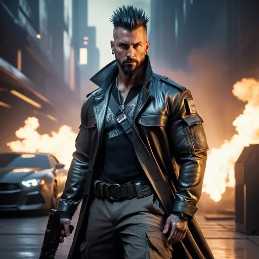 Prompt: Cyberpunk, perfect composition, goatee {30 year old}, lean and muscular, { Heavily Tattooed}, { Shiny Steel skin}, Short dark mohawk hair, {wearing half-zipped Cyberpunk long coat, shirt and baggy cargo pants}, tool belt, extra masculine, peak fitness, determined expression, holding Assault Rifle, explosions, 8k eyes,  detailed face, wlop, stanley artgerm lau, artstation, hd, octane render, hyperrealism intricate details, 8k, cinematic volumetric light, proportional, art trending on artstation, sharp focus, studio photo, intricate details, highly detailed, intricate artwork masterpiece, ominous, intricate, epic, trending on artstation, highly detailed, vibrant, production cinematic character render, ultra high quality model


