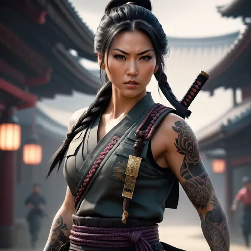 Prompt: Futuristic, perfect composition, female samurai {30 year old}, lean and muscular, {Heavily Tattooed torso and arms}, long braided hair, {wearing military shirt under ammunition bandolier and dark cargo pants}, Feminine, Asian, peak fitness, angry expression, {swinging Katana}, 8k eyes,  detailed face, running wlop, stanley artgerm lau, artstation, hd, octane render, hyperrealism intricate details, 8k, cinematic volumetric light, proportional, art trending on artstation, sharp focus, studio photo, intricate details, highly detailed, intricate artwork masterpiece, ominous, intricate, epic, trending on artstation, highly detailed, vibrant, production cinematic character render, ultra high quality model


