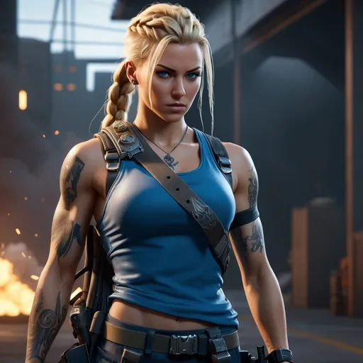 Prompt: Cyberpunk, perfect composition, female {30 year old}, lean and muscular, { Heavily Tattooed}, long blonde braided hair, {wearing blue tank- top under bandolier and fitting cargo pants}, Feminine, peak fitness, determined expression, {holding Machine gun}, explosions, 8k eyes,  detailed face, wlop, stanley artgerm lau, artstation, hd, octane render, hyperrealism intricate details, 8k, cinematic volumetric light, proportional, art trending on artstation, sharp focus, studio photo, intricate details, highly detailed, intricate artwork masterpiece, ominous, intricate, epic, trending on artstation, highly detailed, vibrant, production cinematic character render, ultra high quality model



