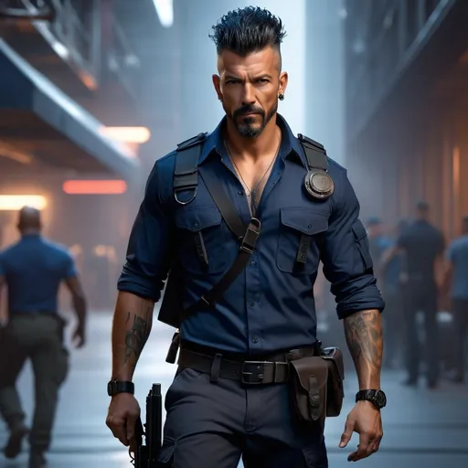 Prompt: perfect composition, goatee {30 year old}, lean and muscular { gigachad Antonio Banderas}, {Tattoed metal skin}, black mohawk hair, {wearing navy blue work shirt and baggy black cargo pants}, extra masculine, peak fitness, determined expression, holding cyberpunk Submachinegun, 8k eyes,  detailed face, wlop, stanley artgerm lau, artstation, hd, octane render, hyperrealism intricate details, 8k, cinematic volumetric light, proportional, art trending on artstation, sharp focus, studio photo, intricate details, highly detailed, intricate artwork masterpiece, ominous, intricate, epic, trending on artstation, highly detailed, vibrant, production cinematic character render, ultra high quality model


