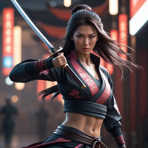 Prompt: Futuristic, perfect composition, female samurai {30 year old}, lean and muscular, long flowing hair, {wearing cyberpunk sleeved shirt and tight pants}, Feminine, Japanese, peak fitness, determined expression, {swinging Katana}, 8k eyes,  detailed face, running wlop, stanley artgerm lau, artstation, hd, octane render, hyperrealism intricate details, 8k, cinematic volumetric light, proportional, art trending on artstation, sharp focus, studio photo, intricate details, highly detailed, intricate artwork masterpiece, ominous, intricate, epic, trending on artstation, highly detailed, vibrant, production cinematic character render, ultra high quality model


