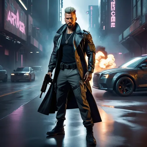 Prompt: Cyberpunk, perfect composition, goatee {30 year old}, lean and muscular, { Heavily Tattooed}, { Shiny Steel skin}, Short mohawk hair, {wearing Cyberpunk long coat, shirt and baggy cargo pants}, extra masculine, peak fitness, determined expression, holding cyberpunk Submachinegun, explosions, 8k eyes,  detailed face, wlop, stanley artgerm lau, artstation, hd, octane render, hyperrealism intricate details, 8k, cinematic volumetric light, proportional, art trending on artstation, sharp focus, studio photo, intricate details, highly detailed, intricate artwork masterpiece, ominous, intricate, epic, trending on artstation, highly detailed, vibrant, production cinematic character render, ultra high quality model


