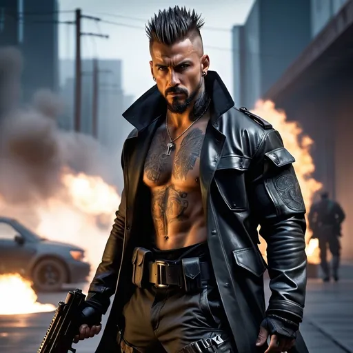 Prompt: Cyberpunk, perfect composition, goatee {30 year old}, lean and muscular, { Heavily Tattooed}, { Shiny Steel skin}, Short dark mohawk hair, {wearing half-zipped Cyberpunk long coat, shirt and baggy cargo pants}, tool belt, extra masculine, peak fitness, determined expression, holding Assault Rifle, explosions, 8k eyes,  detailed face, wlop, stanley artgerm lau, artstation, hd, octane render, hyperrealism intricate details, 8k, cinematic volumetric light, proportional, art trending on artstation, sharp focus, studio photo, intricate details, highly detailed, intricate artwork masterpiece, ominous, intricate, epic, trending on artstation, highly detailed, vibrant, production cinematic character render, ultra high quality model


