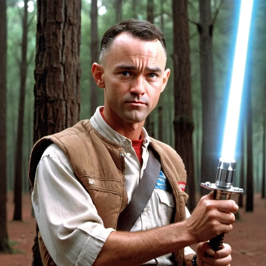 Prompt: A picture of Forrest gump holding a light saber